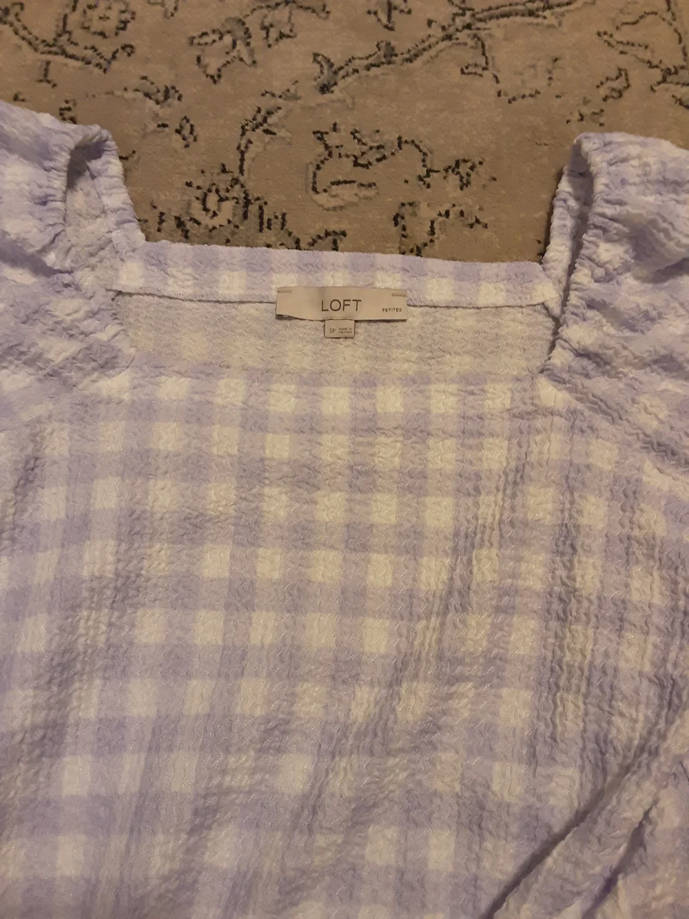 LOFT Lavender Gingham Tie-Front Puff Sleeve Top